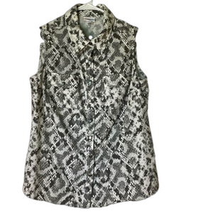 *BIN* LULAROE Snakeskin Print Snap Closure Blouse, Women’s M, Grey White